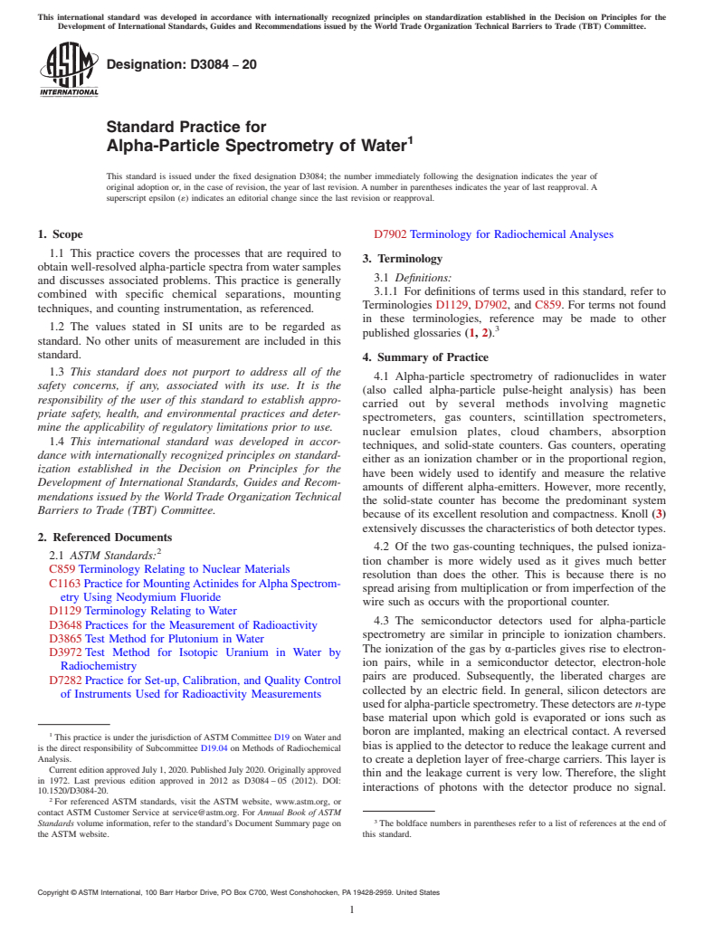 ASTM D3084-20 - Standard Practice for  Alpha-Particle Spectrometry of Water