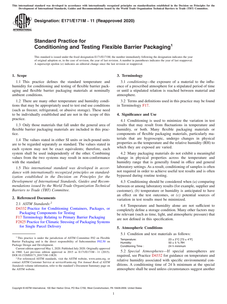 ASTM E171/E171M-11(2020) - Standard Practice for Conditioning and Testing Flexible Barrier Packaging