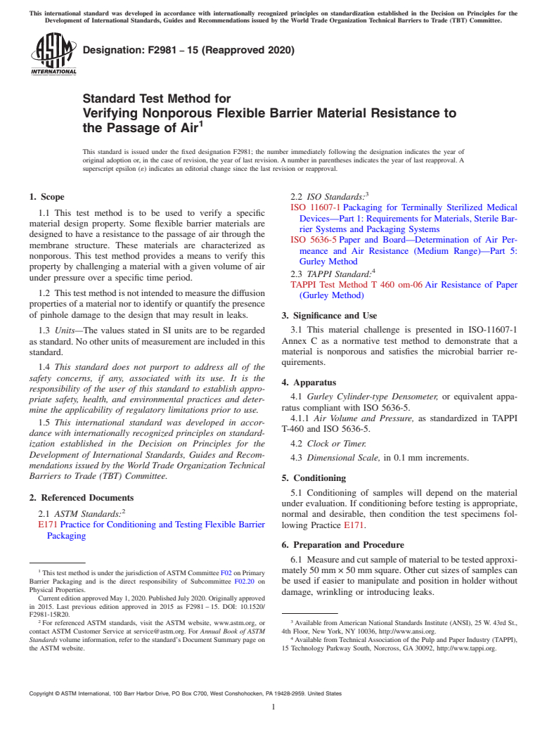 ASTM F2981-15(2020) - Standard Test Method for Verifying Nonporous Flexible Barrier Material Resistance to  the Passage of Air