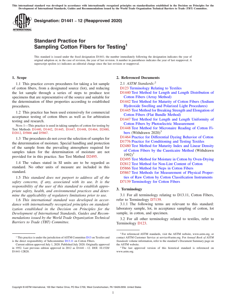 ASTM D1441-12(2020) - Standard Practice for  Sampling Cotton Fibers for Testing