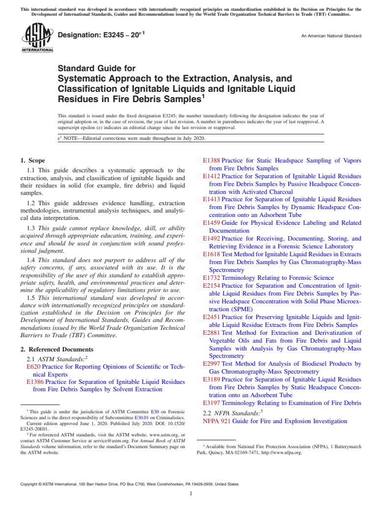 ASTM E3245-20e1 - Standard Guide for Systematic Approach to the Extraction, Analysis, and Classification  of Ignitable Liquids and Ignitable Liquid Residues in Fire Debris  Samples