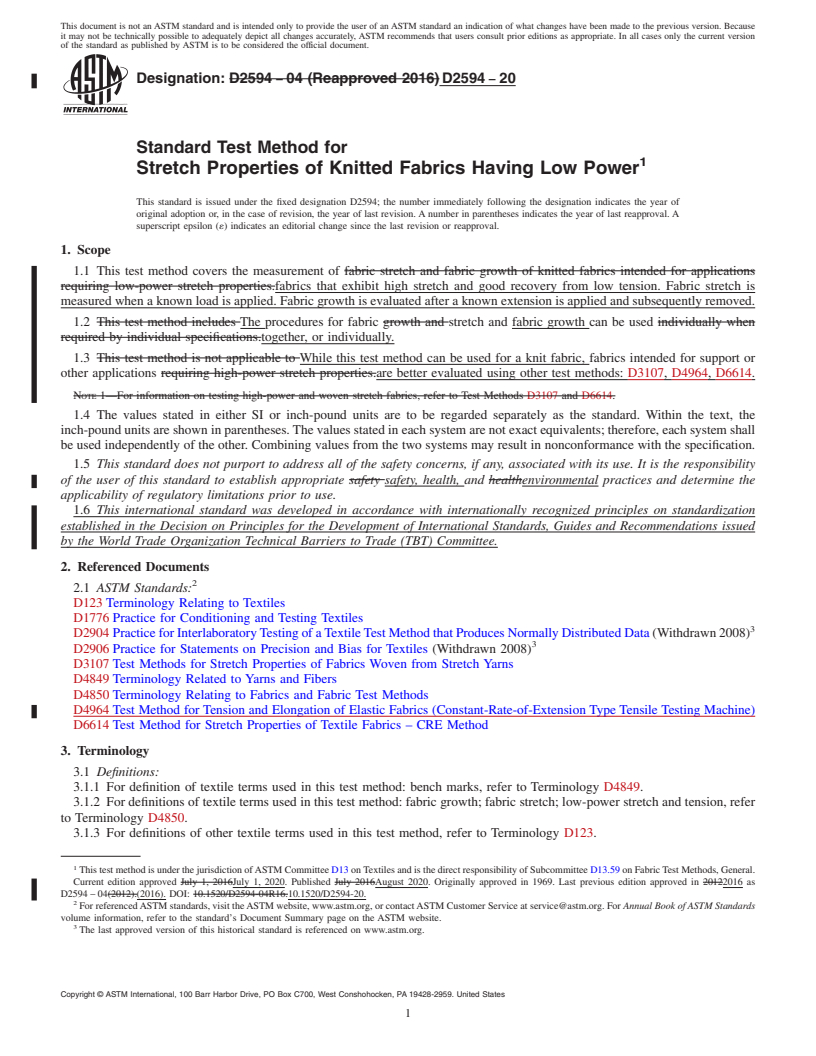 REDLINE ASTM D2594-20 - Standard Test Method for  Stretch Properties of Knitted Fabrics Having Low Power