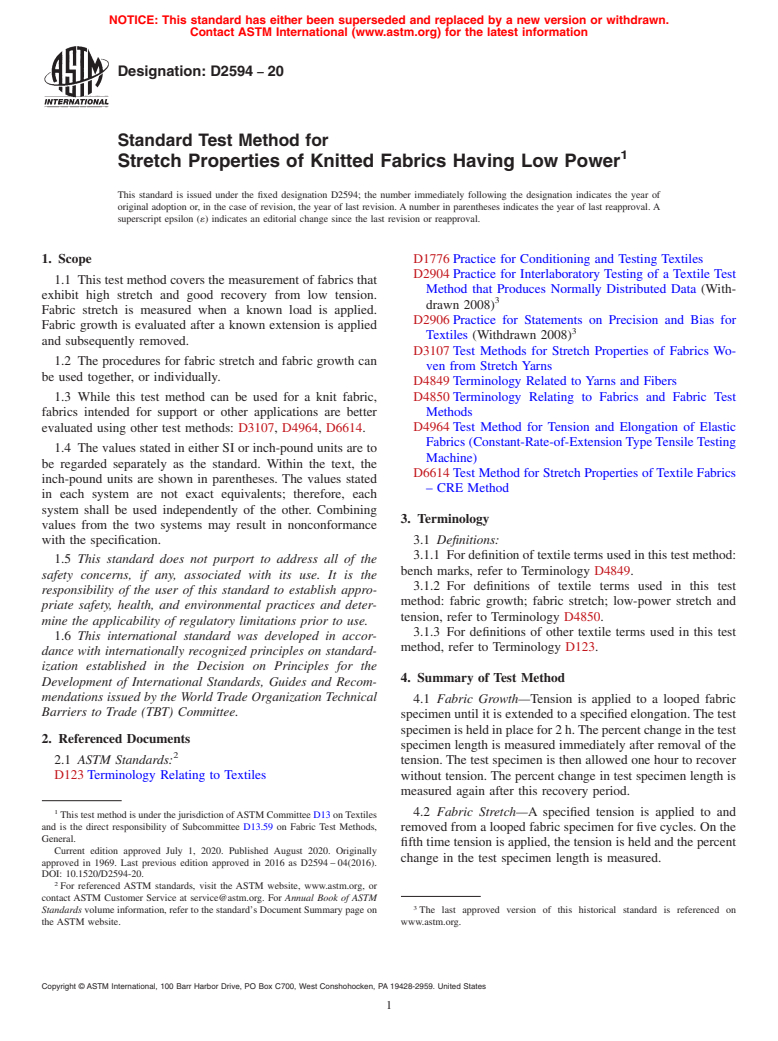 ASTM D2594-20 - Standard Test Method for  Stretch Properties of Knitted Fabrics Having Low Power