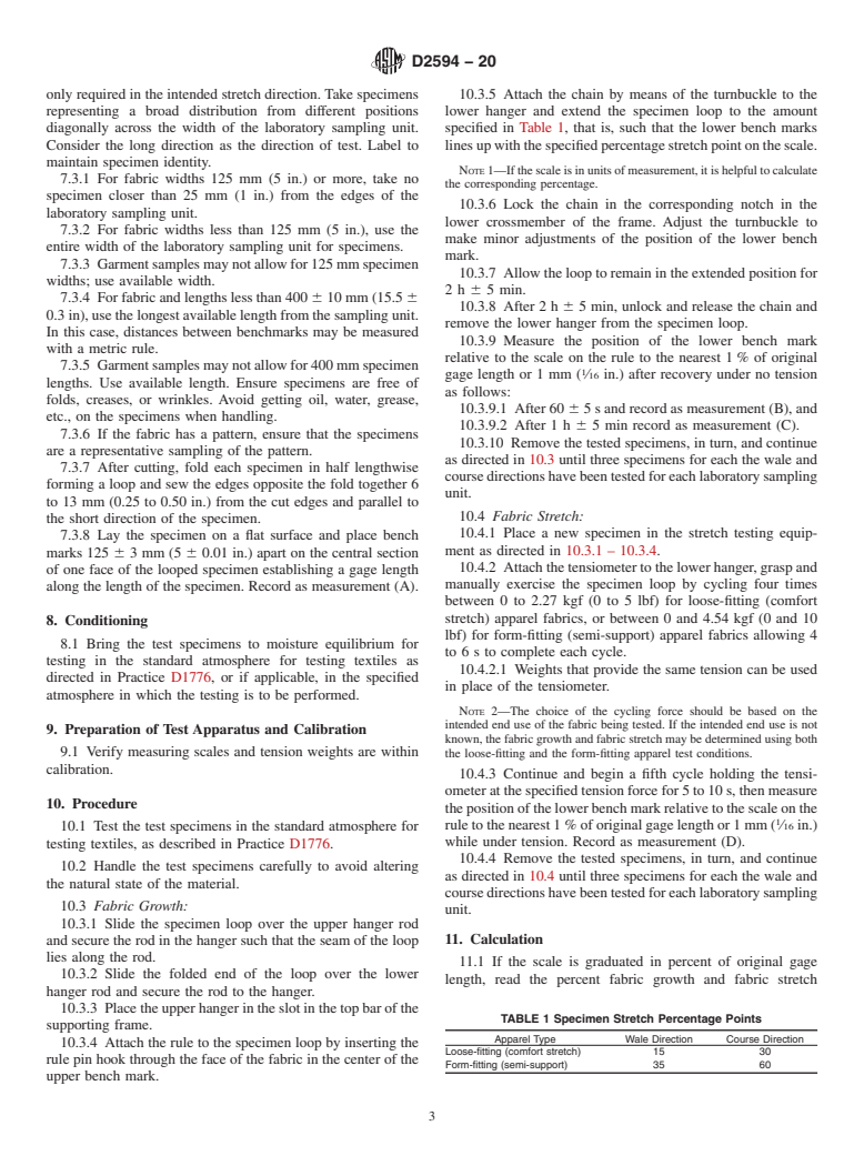 ASTM D2594-20 - Standard Test Method for  Stretch Properties of Knitted Fabrics Having Low Power