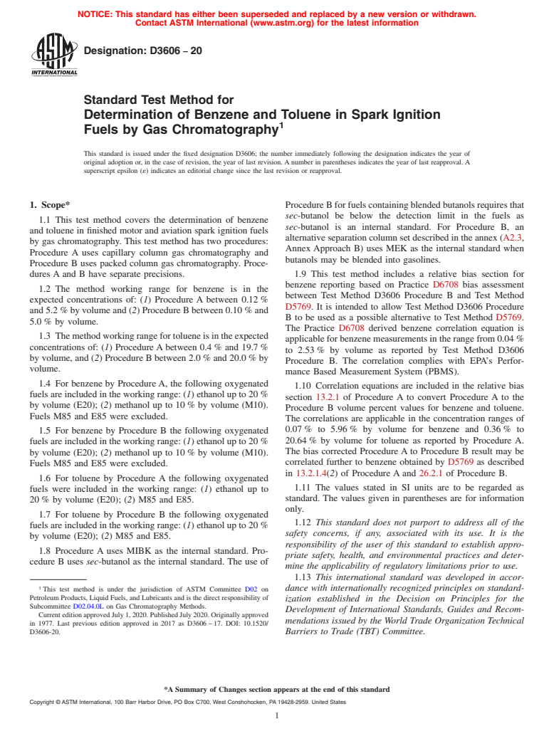 ASTM D3606-20 - Standard Test Method for Determination of Benzene and Toluene in Spark Ignition Fuels  by Gas Chromatography