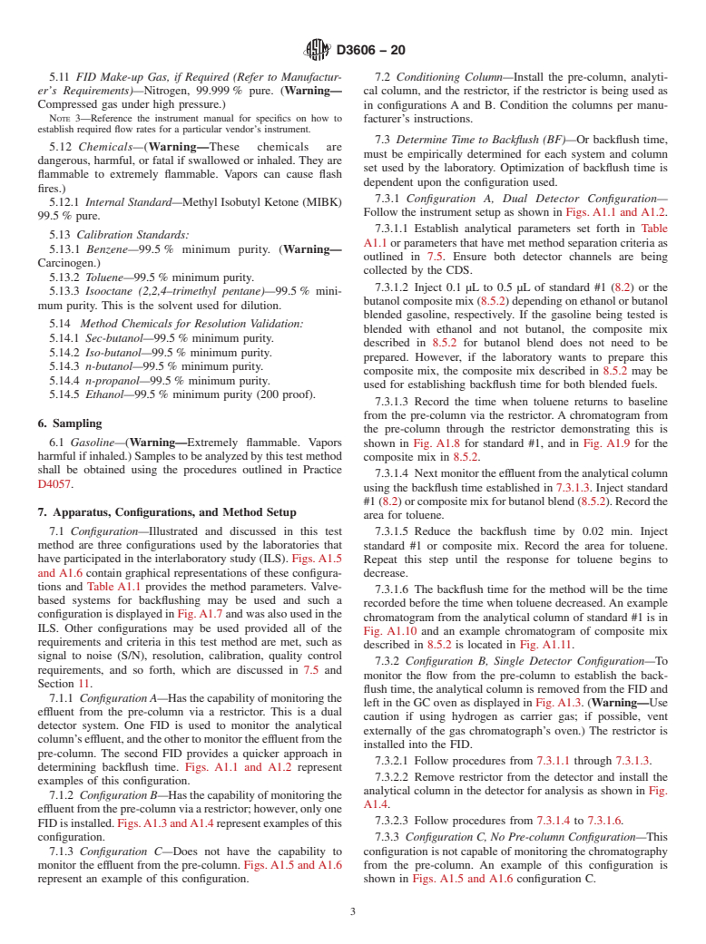 ASTM D3606-20 - Standard Test Method for Determination of Benzene and Toluene in Spark Ignition Fuels  by Gas Chromatography