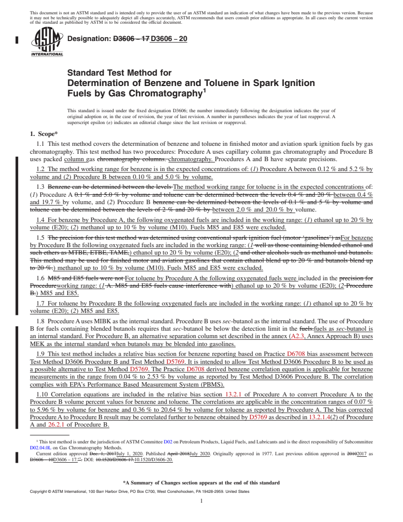 REDLINE ASTM D3606-20 - Standard Test Method for Determination of Benzene and Toluene in Spark Ignition Fuels  by Gas Chromatography