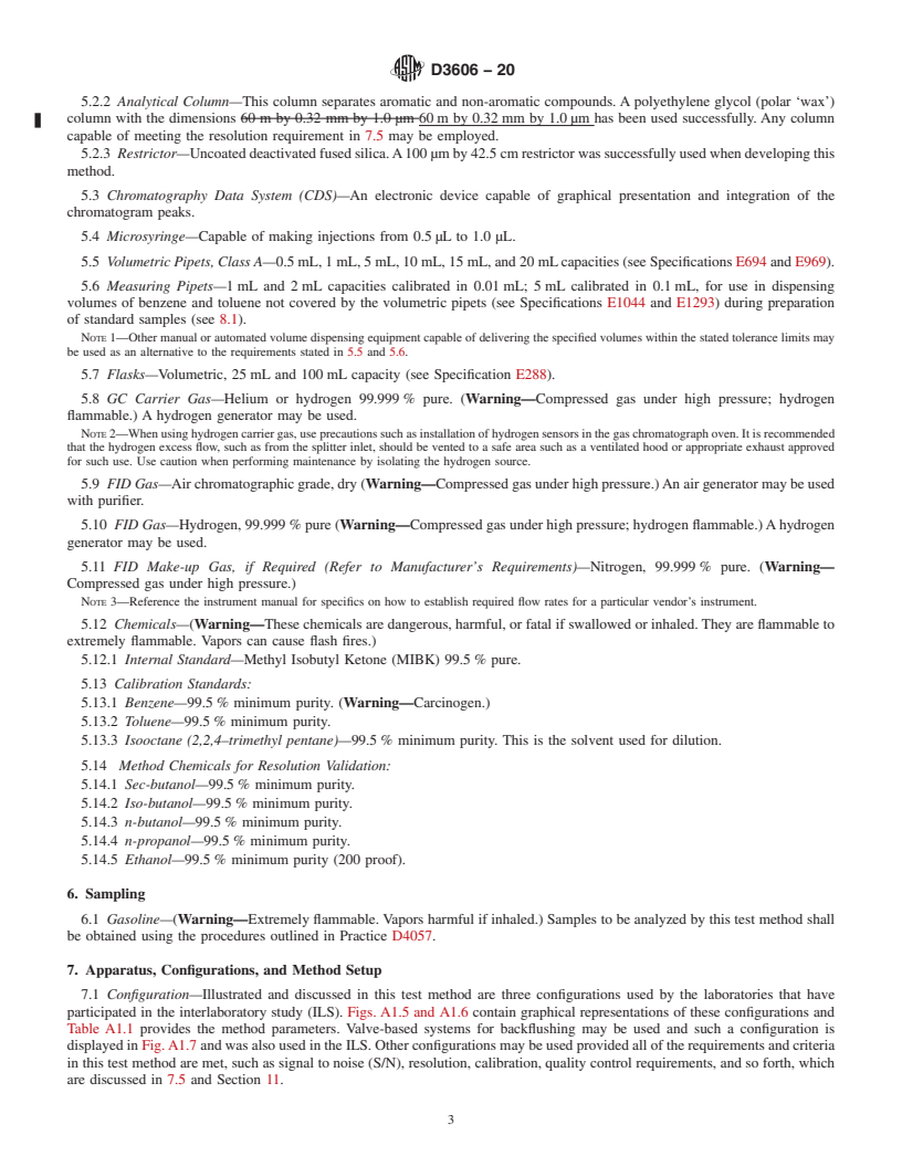 REDLINE ASTM D3606-20 - Standard Test Method for Determination of Benzene and Toluene in Spark Ignition Fuels  by Gas Chromatography