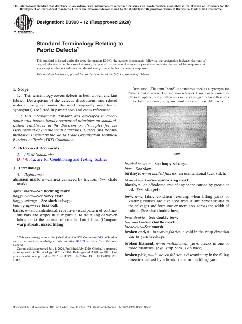 ASTM D3990-12(2020) - Standard Terminology Relating to  Fabric Defects