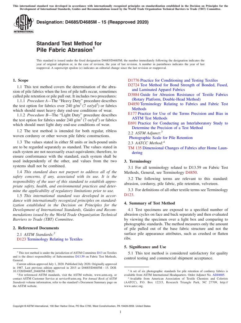 ASTM D4685/D4685M-15(2020) - Standard Test Method for  Pile Fabric Abrasion