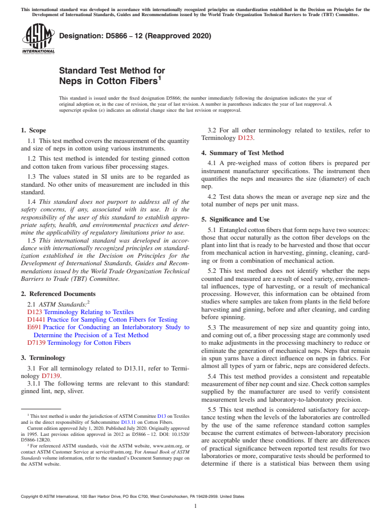 ASTM D5866-12(2020) - Standard Test Method for  Neps in Cotton Fibers