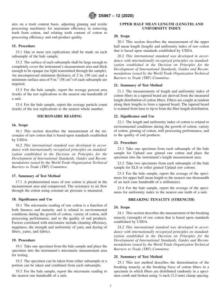 ASTM D5867-12(2020) - Standard Test Methods for  Measurement of Physical Properties of Raw Cotton by Cotton  Classification Instruments