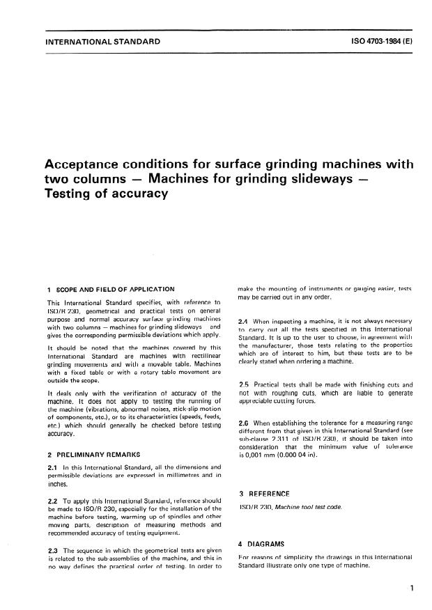 ISO 4703:1984 - Acceptance conditions for surface grinding machines with two columns -- Machines for grinding slideways -- Testing of accuracy