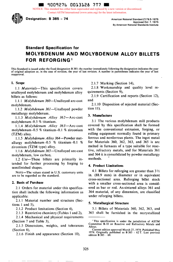 ASTM B385-74 - Specification for Molybdenum and Molybdenum Alloy Billets for Reforging (Withdrawn 1985)