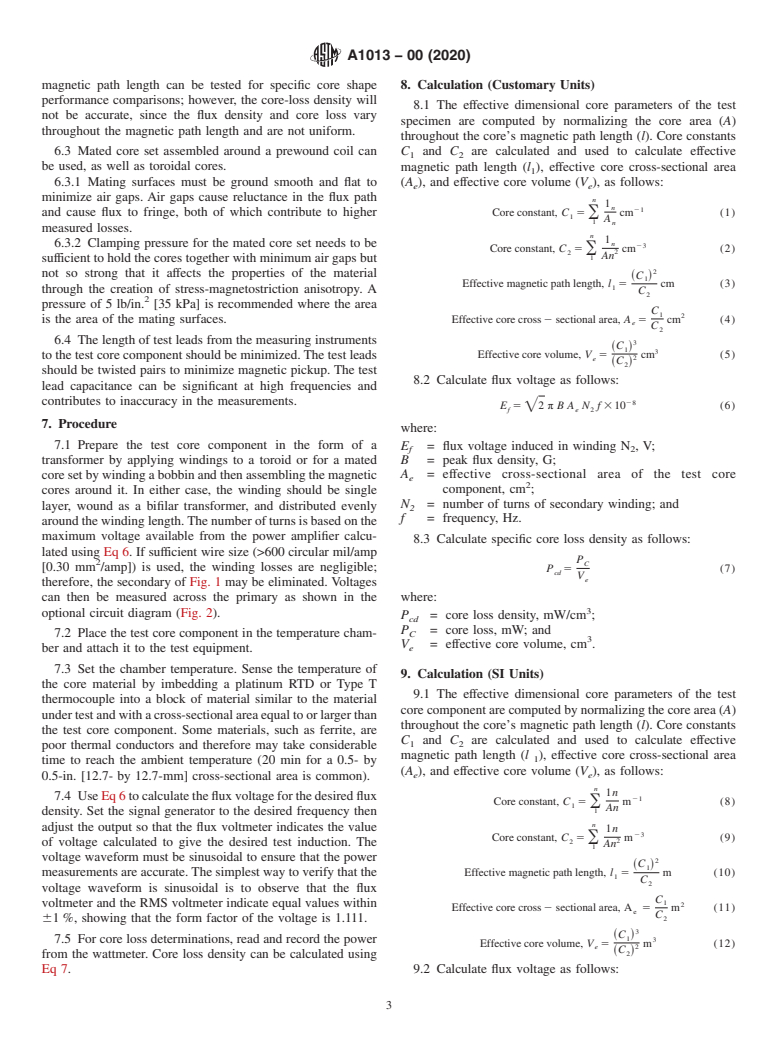 ASTM A1013-00(2020) - Standard Test Method for  High-Frequency (10 kHz-1 MHz) Core Loss of Soft Magnetic Core   Components at Controlled Temperatures Using the Voltmeter-Ammeter-Wattmeter   Method