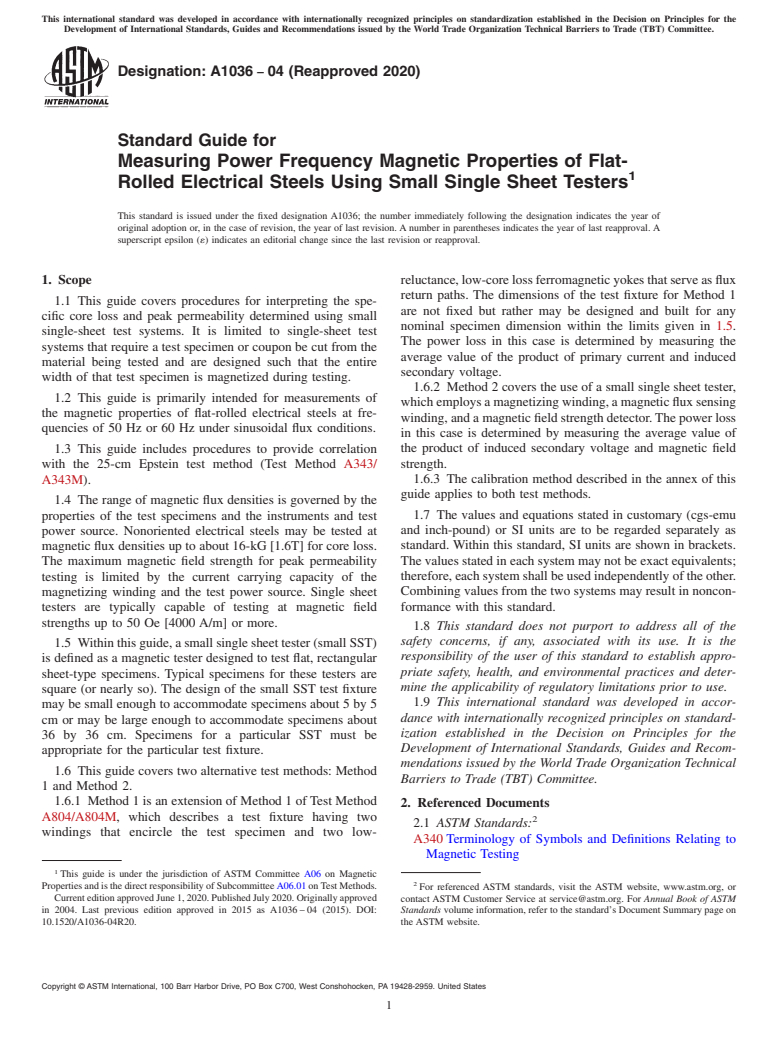 ASTM A1036-04(2020) - Standard Guide for  Measuring Power Frequency Magnetic Properties of Flat-Rolled  Electrical Steels Using Small Single Sheet Testers