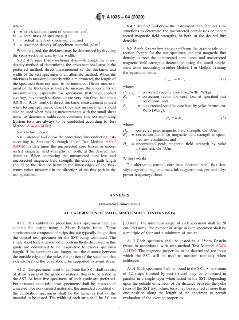 ASTM A1036-04(2020) - Standard Guide for  Measuring Power Frequency Magnetic Properties of Flat-Rolled  Electrical Steels Using Small Single Sheet Testers