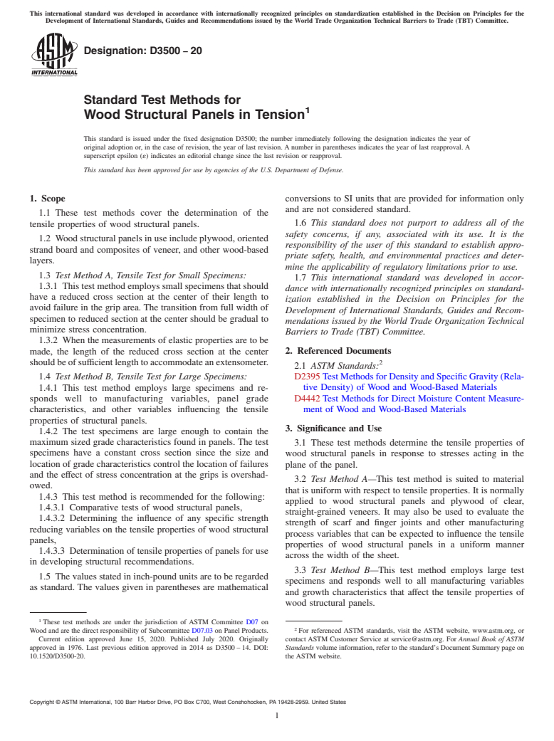 ASTM D3500-20 - Standard Test Methods for Wood Structural Panels in Tension
