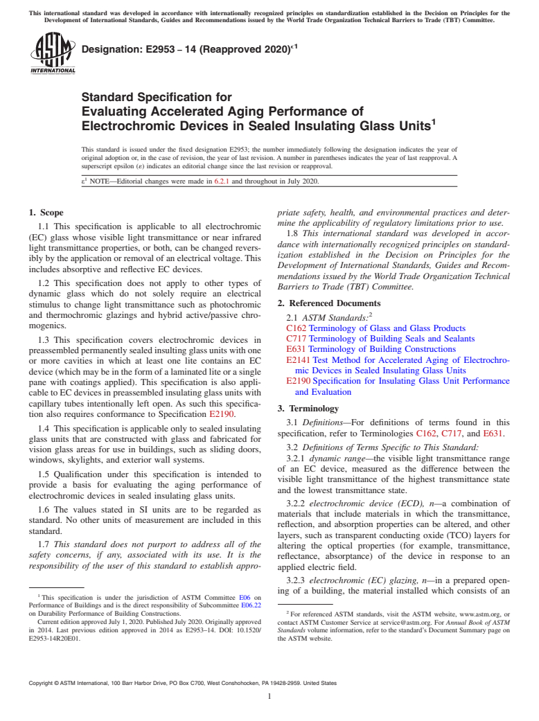 ASTM E2953-14(2020)e1 - Standard Specification for Evaluating Accelerated Aging Performance of Electrochromic  Devices in Sealed Insulating Glass Units