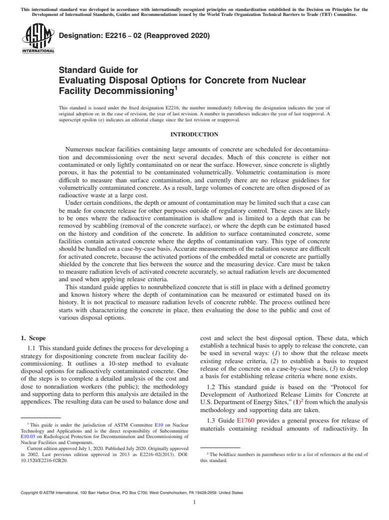 ASTM E2216-02(2020) - Standard Guide for  Evaluating Disposal Options for Concrete from Nuclear Facility  Decommissioning