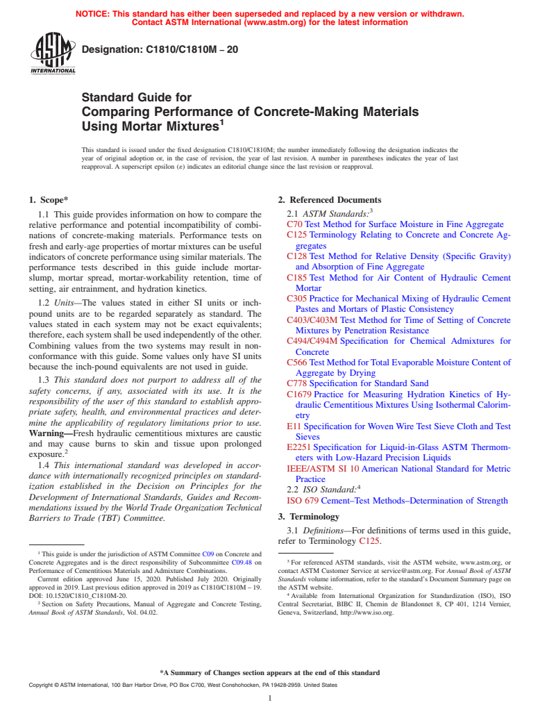 ASTM C1810/C1810M-20 - Standard Guide for Comparing Performance of Concrete-Making Materials Using Mortar  Mixtures