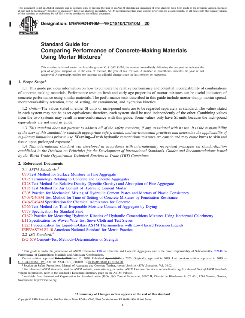 REDLINE ASTM C1810/C1810M-20 - Standard Guide for Comparing Performance of Concrete-Making Materials Using Mortar  Mixtures