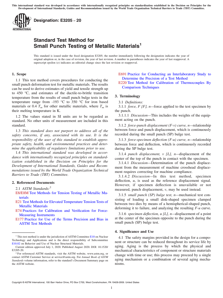 ASTM E3205-20 - Standard Test Method for Small Punch Testing of Metallic Materials