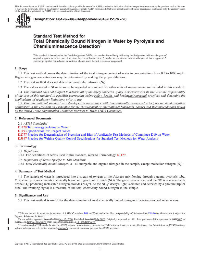 REDLINE ASTM D5176-20 - Standard Test Method for  Total Chemically Bound Nitrogen in Water by Pyrolysis and Chemiluminescence  Detection