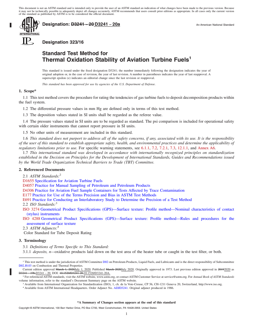 REDLINE ASTM D3241-20a - Standard Test Method for Thermal Oxidation Stability of Aviation Turbine Fuels