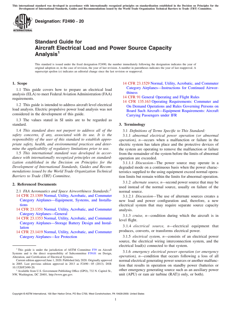 ASTM F2490-20 - Standard Guide for Aircraft Electrical Load and Power Source Capacity Analysis