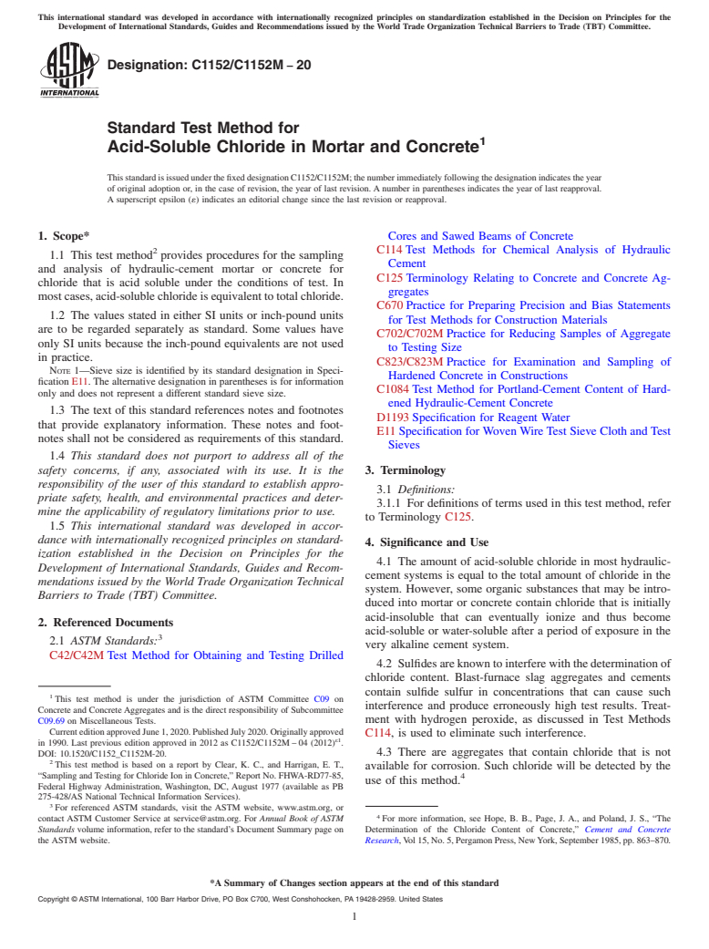 ASTM C1152/C1152M-20 - Standard Test Method for  Acid-Soluble Chloride in Mortar and Concrete