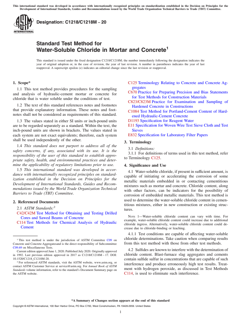 ASTM C1218/C1218M-20 - Standard Test Method for  Water-Soluble Chloride in Mortar and Concrete