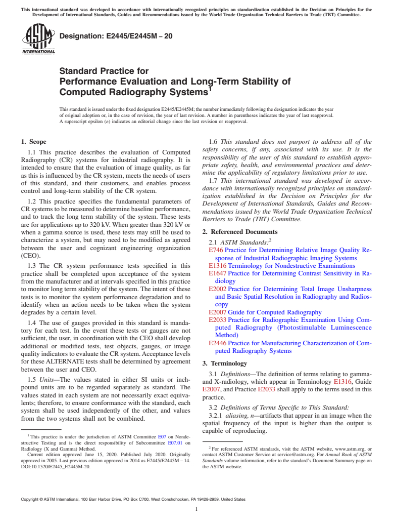 ASTM E2445/E2445M-20 - Standard Practice for Performance Evaluation and Long-Term Stability of Computed  Radiography Systems