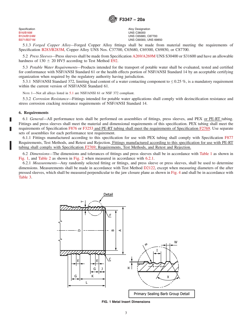 REDLINE ASTM F3347-20a - Standard Specification for  Metal Press Insert Fittings with Factory Assembled Stainless  Steel Press Sleeve for SDR9 Cross-linked Polyethylene (PEX) Tubing  and SDR9 Polyethylene of Raised Temperature (PE-RT) Tubing