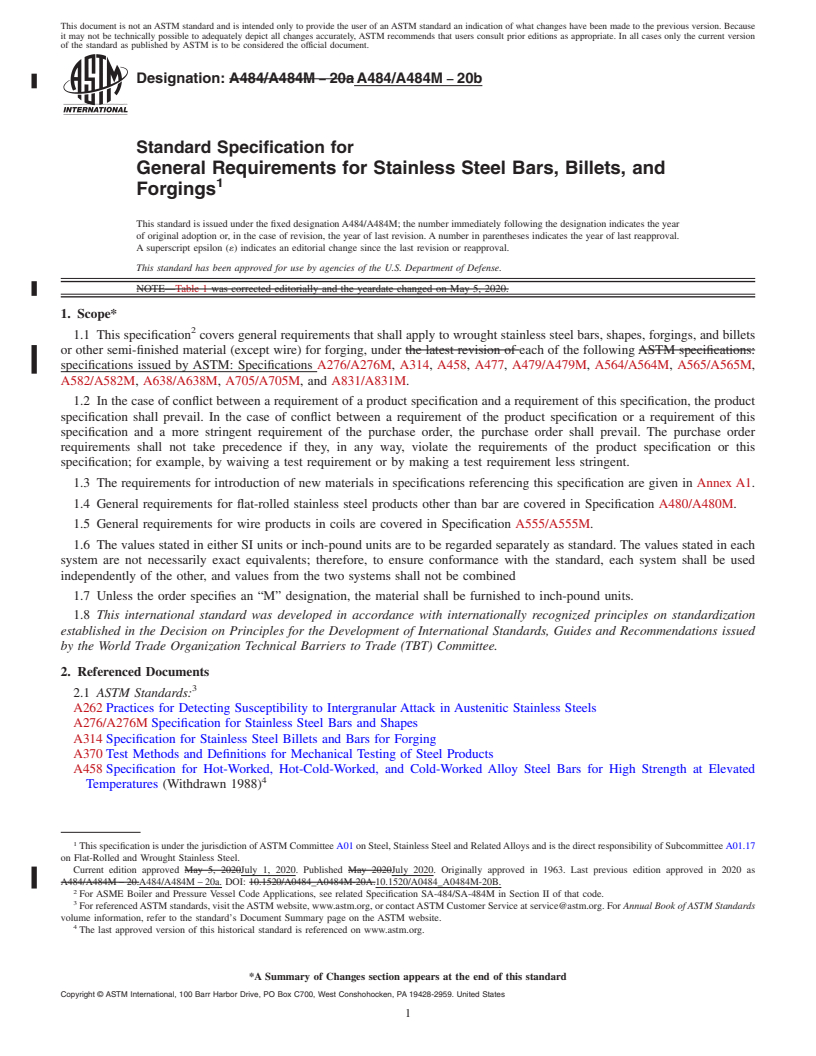 REDLINE ASTM A484/A484M-20b - Standard Specification for  General Requirements for Stainless Steel Bars, Billets, and  Forgings