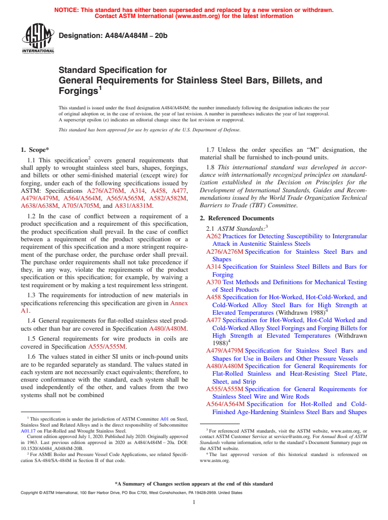 ASTM A484/A484M-20b - Standard Specification for  General Requirements for Stainless Steel Bars, Billets, and  Forgings