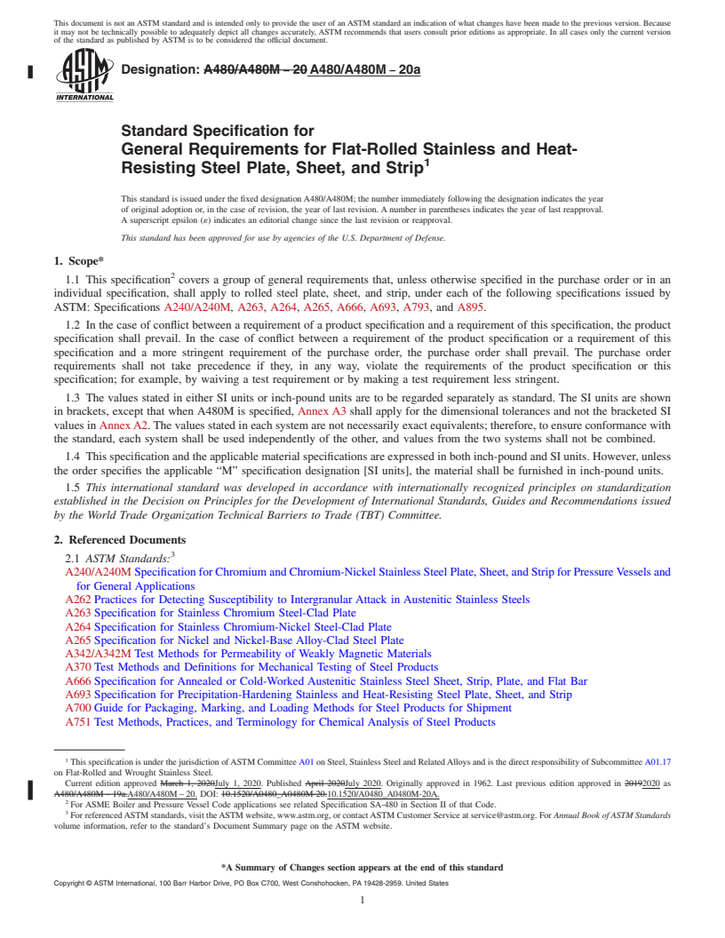 REDLINE ASTM A480/A480M-20a - Standard Specification for  General Requirements for Flat-Rolled Stainless and Heat-Resisting  Steel Plate, Sheet, and Strip