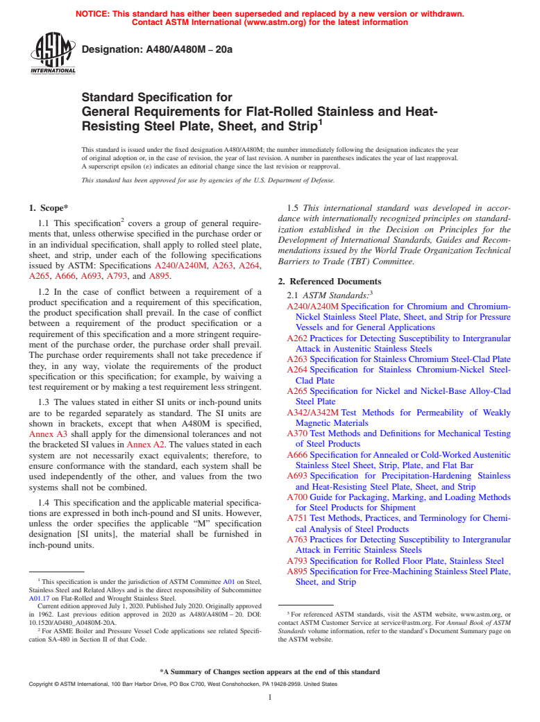 ASTM A480/A480M-20a - Standard Specification for  General Requirements for Flat-Rolled Stainless and Heat-Resisting  Steel Plate, Sheet, and Strip