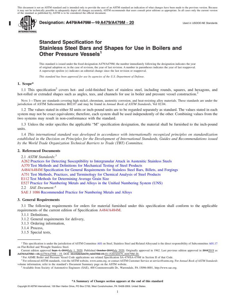 REDLINE ASTM A479/A479M-20 - Standard Specification for  Stainless Steel Bars and Shapes for Use in Boilers and Other  Pressure Vessels