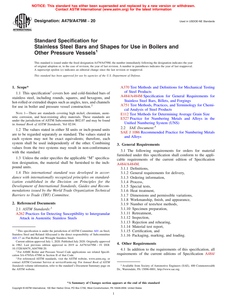 ASTM A479/A479M-20 - Standard Specification For Stainless Steel Bars ...