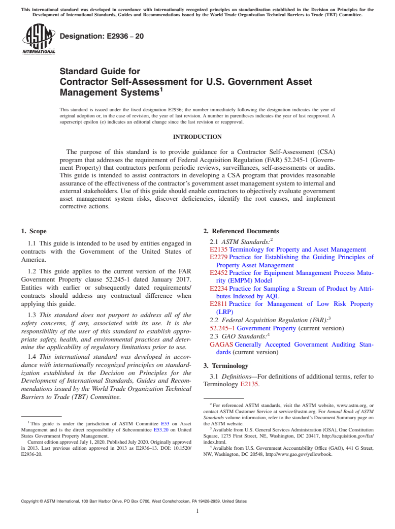 ASTM E2936-20 - Standard Guide for Contractor Self-Assessment for U.S. Government Asset Management  Systems