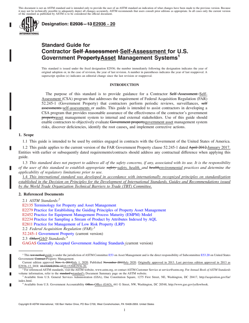 REDLINE ASTM E2936-20 - Standard Guide for Contractor Self-Assessment for U.S. Government Asset Management  Systems