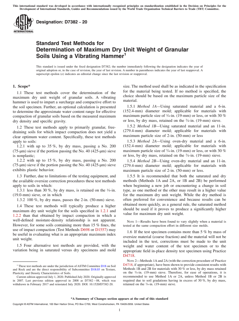 ASTM D7382-20 - Standard Test Methods for Determination of Maximum Dry Unit Weight of Granular Soils  Using a Vibrating Hammer