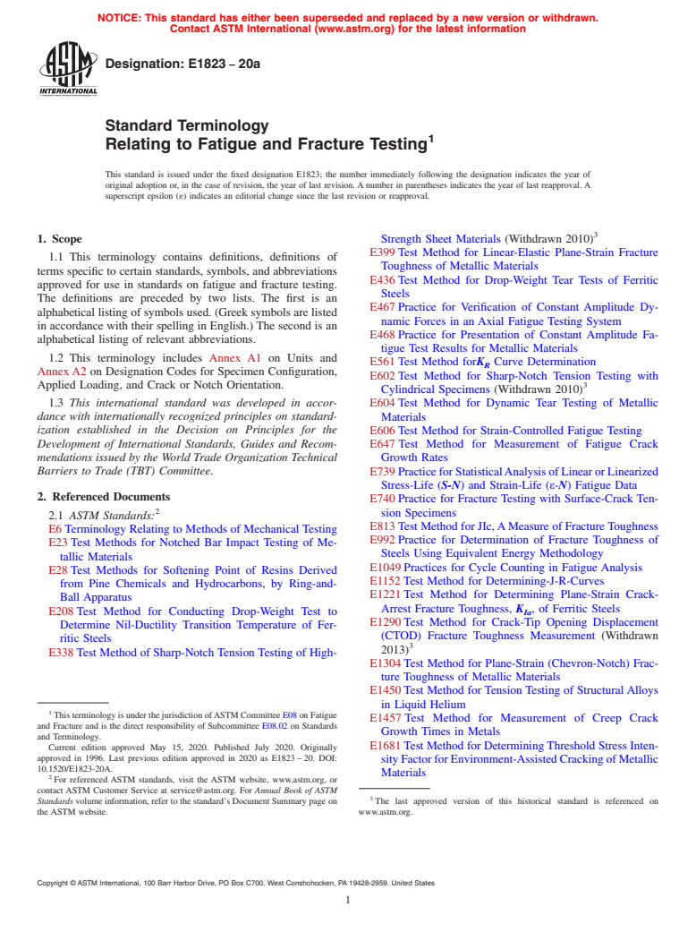 ASTM E1823-20a - Standard Terminology  Relating to Fatigue and Fracture Testing