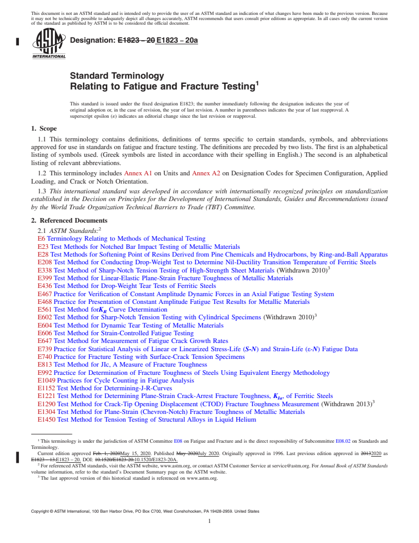 REDLINE ASTM E1823-20a - Standard Terminology  Relating to Fatigue and Fracture Testing