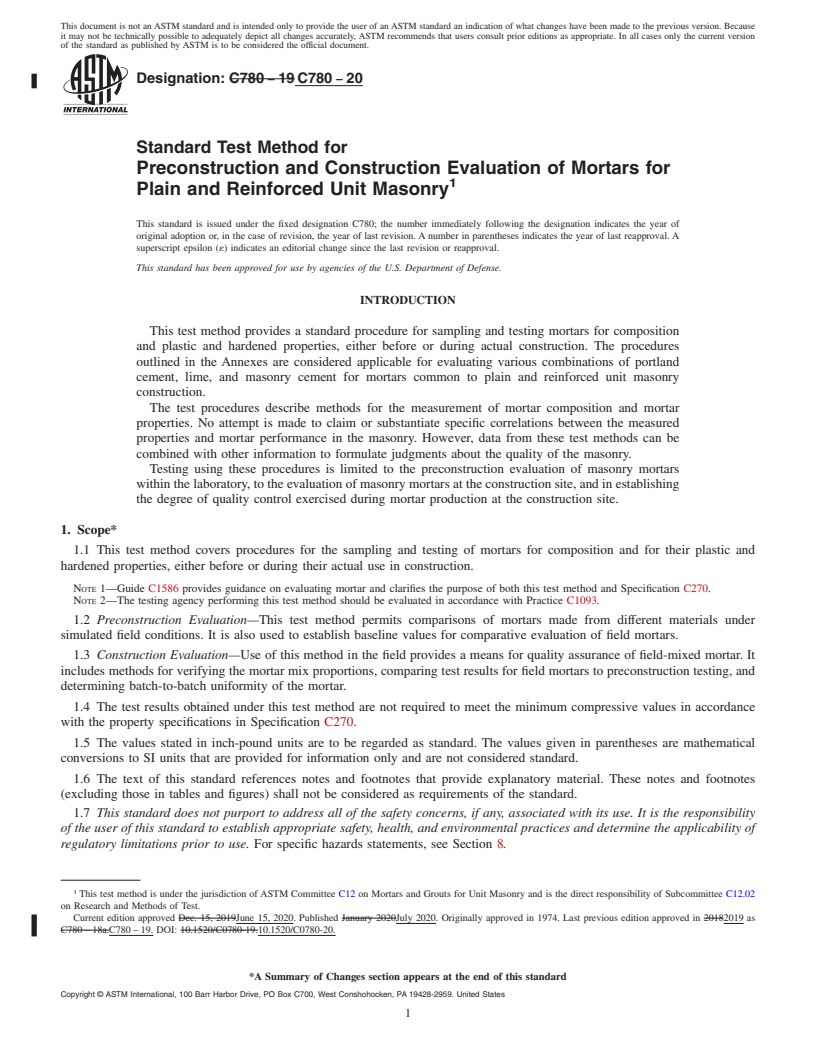 REDLINE ASTM C780-20 - Standard Test Method for Preconstruction and Construction Evaluation of Mortars for  Plain and Reinforced Unit Masonry