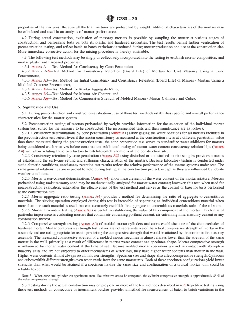 REDLINE ASTM C780-20 - Standard Test Method for Preconstruction and Construction Evaluation of Mortars for  Plain and Reinforced Unit Masonry