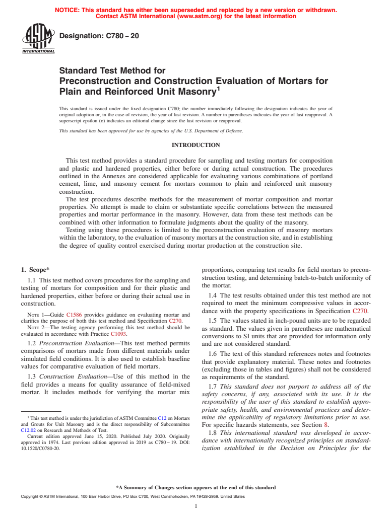 ASTM C780-20 - Standard Test Method for Preconstruction and Construction Evaluation of Mortars for  Plain and Reinforced Unit Masonry