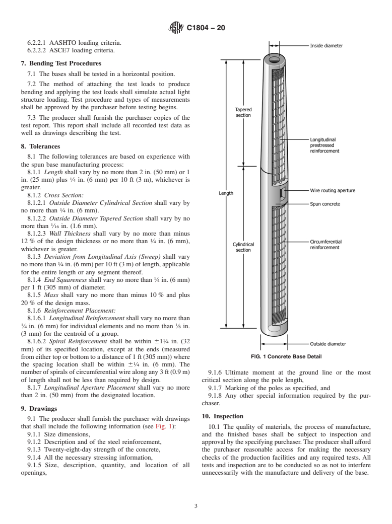 ASTM C1804-20 - Standard Specification for Spun Cast Prestressed Concrete Bases for Tapered Steel Lighting  Poles