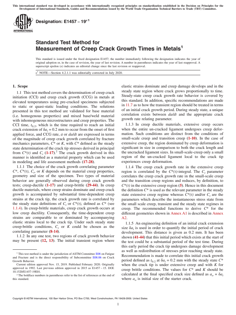 ASTM E1457-19e1 - Standard Test Method for  Measurement of Creep Crack Growth Times in Metals